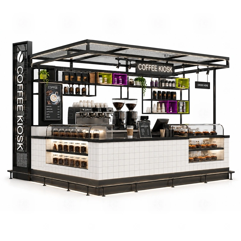 Coffee Kiosk Retail Food Booth for Sale display detail for espresso counter, menu board, pickup area, cup storage, dessert display, and customer-facing brand panels planned for coffee kiosk retail food booth for sale