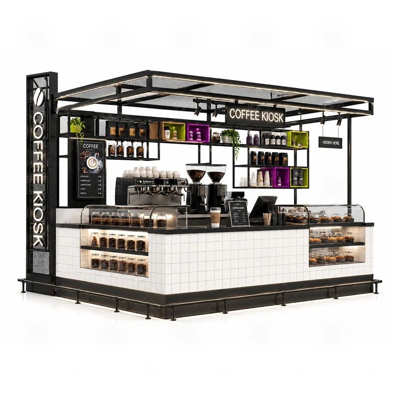 Coffee Kiosk Retail Food Booth for Sale branding detail for logo panels, menu boards, front graphics, side signs, and coffee brand colors coordinated for coffee kiosk retail food booth for sale
