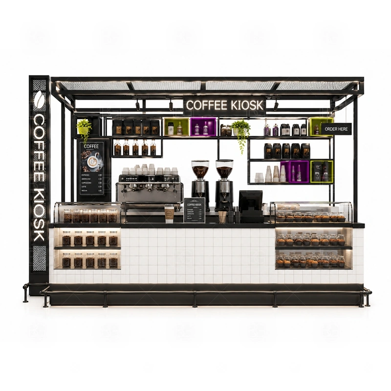 Coffee Kiosk Retail Food Booth for Sale storage detail for cup storage, bean storage, under-counter fridge space, packaging drawers, cleaning supply cabinets, and cable routes planned for coffee kiosk retail food booth for sale