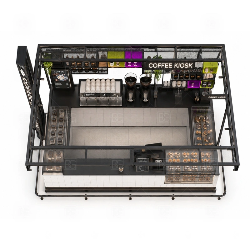 Coffee Kiosk Retail Food Booth for Sale buyer planning detail for Coffee Kiosk Retail Food Booth for Sale target size, espresso machine dimensions, grinder position, sink requirement, fridge size, menu board size, power and plumbing, destination country