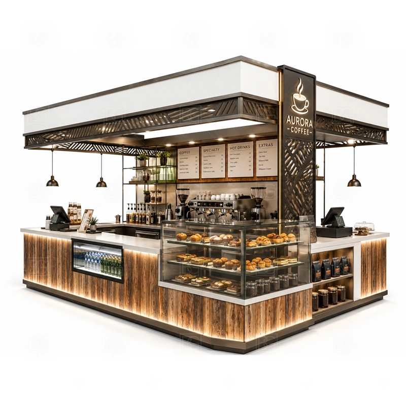 Coffee Kiosk with Display Counter with coffee drinks, dessert display, glass showcase visibility, and counter service flow shown in the coffee kiosk with display counter product photos for coffee and beverage retail