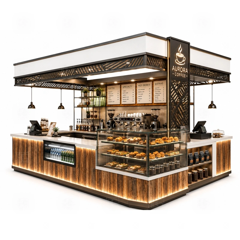 Coffee Kiosk with Display Counter layout showing equipment-first coffee counter planning shown in the coffee kiosk with display counter product photos, with front-facing mall traffic with a clear customer approach and staff side behind the counter
