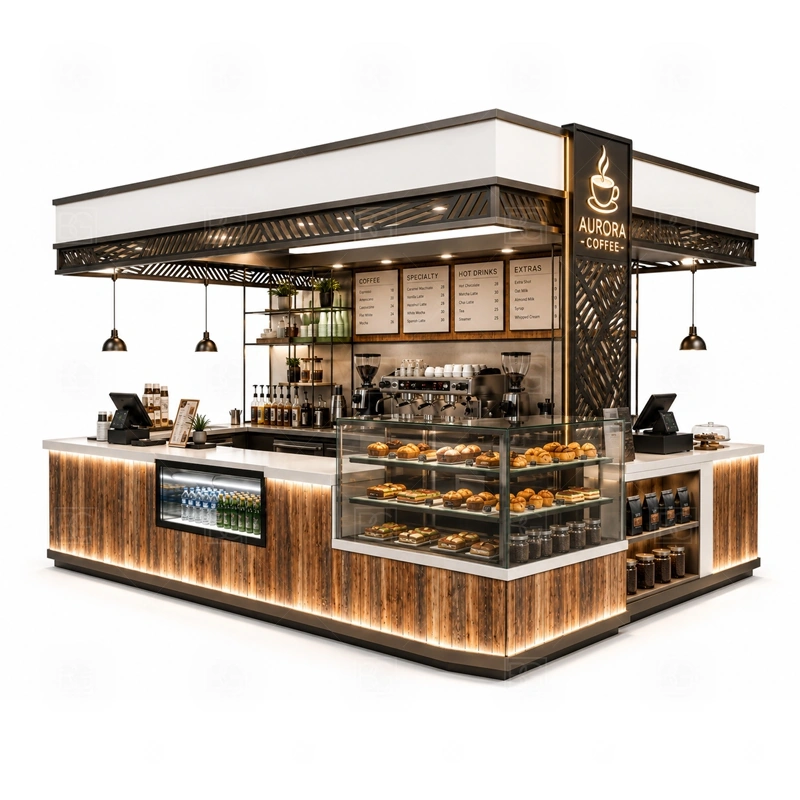 Coffee Kiosk with Display Counter display detail for espresso counter, menu board, pickup area, cup storage, dessert display, and customer-facing brand panels planned for coffee kiosk with display counter