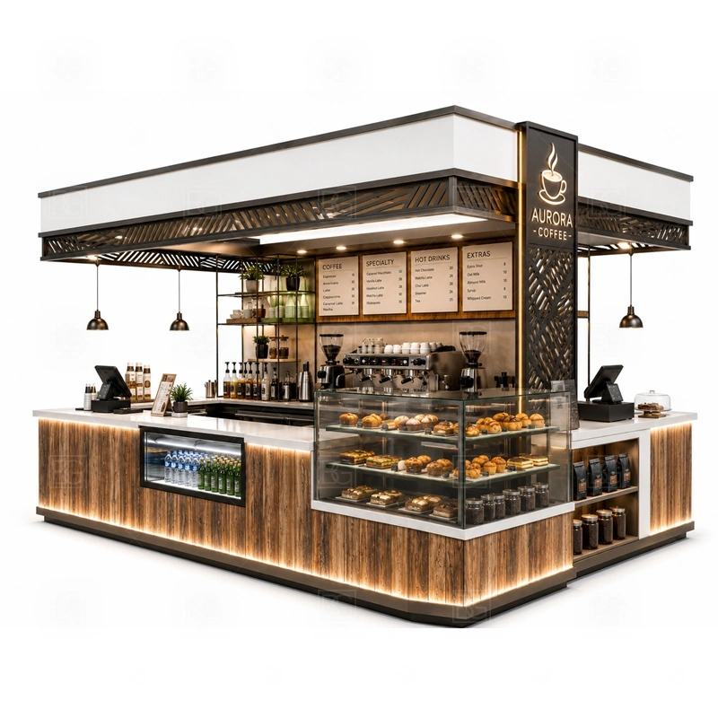 Coffee Kiosk with Display Counter branding detail for logo panels, menu boards, front graphics, side signs, and coffee brand colors coordinated for coffee kiosk with display counter