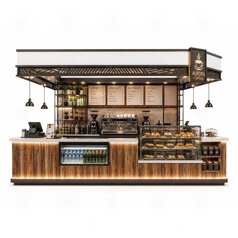 Coffee Kiosk with Display Counter storage detail for cup storage, bean storage, under-counter fridge space, packaging drawers, cleaning supply cabinets, and cable routes planned for coffee kiosk with display counter