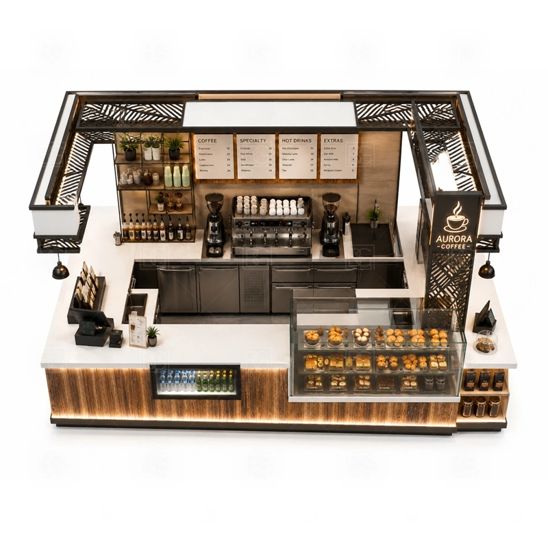 Coffee Kiosk with Display Counter buyer planning detail for Coffee Kiosk with Display Counter target size, espresso machine dimensions, grinder position, sink requirement, fridge size, menu board size, power and plumbing, destination country