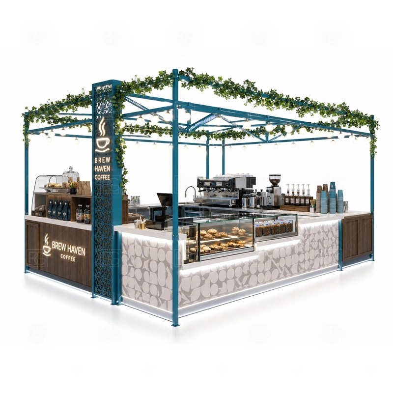 Coffee Shop Kiosk Design for Retail with coffee service layout, equipment planning, display counter design, and brand presentation shown in the coffee shop kiosk design for retail product photos for coffee and beverage retail