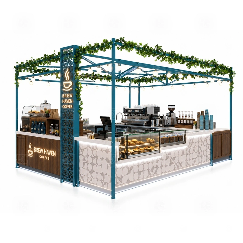 Coffee Shop Kiosk Design for Retail layout showing equipment-first coffee counter planning shown in the coffee shop kiosk design for retail product photos, with brand-led retail locations where signage and product visibility need to work together