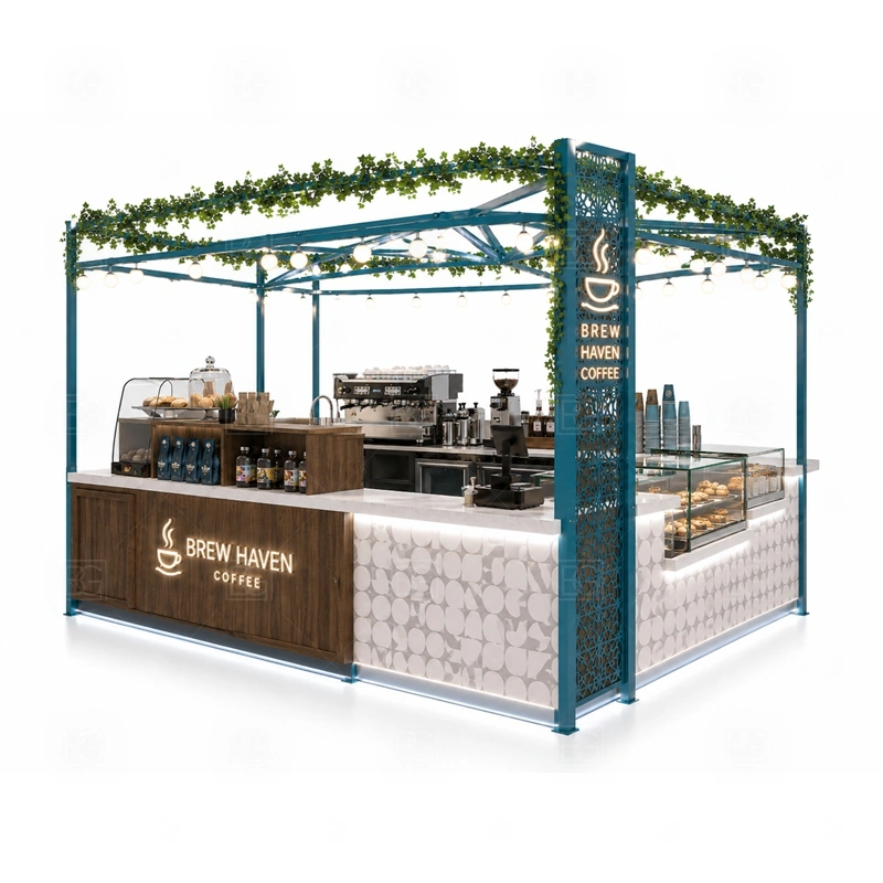 Coffee Shop Kiosk Design for Retail display detail for espresso counter, menu board, pickup area, cup storage, dessert display, and customer-facing brand panels planned for coffee shop kiosk design for retail