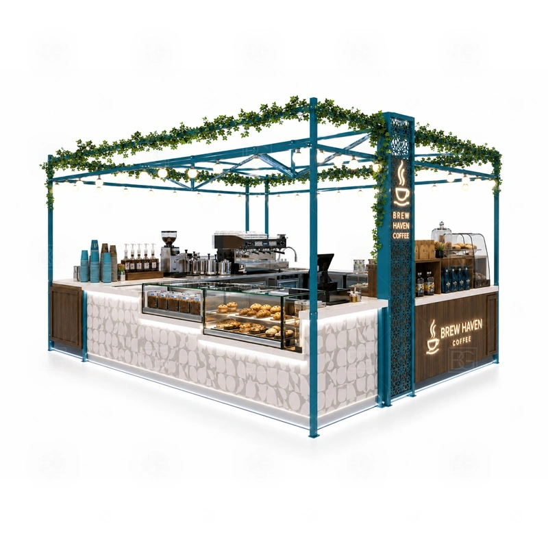 Coffee Shop Kiosk Design for Retail branding detail for logo panels, menu boards, front graphics, side signs, and coffee brand colors coordinated for coffee shop kiosk design for retail