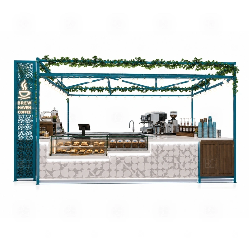 Coffee Shop Kiosk Design for Retail storage detail for cup storage, bean storage, under-counter fridge space, packaging drawers, cleaning supply cabinets, and cable routes planned for coffee shop kiosk design for retail