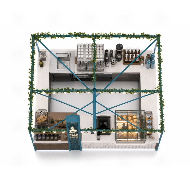 Coffee Shop Kiosk Design for Retail buyer planning detail for Coffee Shop Kiosk Design for Retail target size, espresso machine dimensions, grinder position, sink requirement, fridge size, menu board size, power and plumbing, destination country