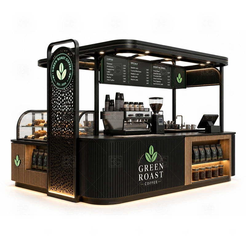 Coffee Stand for Sale with Service Counter layout showing equipment-first coffee counter planning shown in the coffee stand for sale with service counter product photos, with compact lease areas where storage and customer flow must be planned carefully