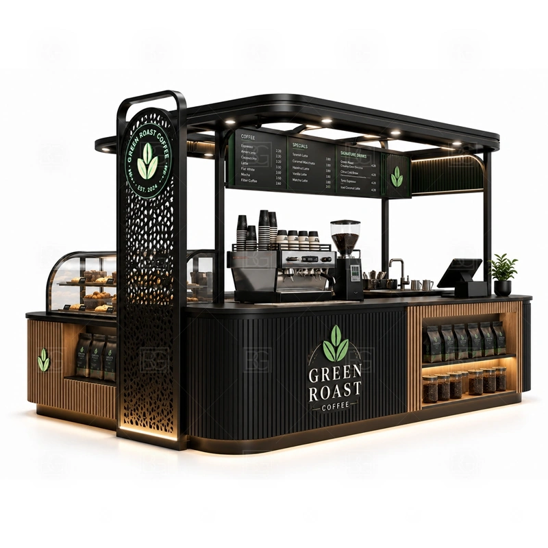 Coffee Stand for Sale with Service Counter display detail for espresso counter, menu board, pickup area, cup storage, dessert display, and customer-facing brand panels planned for coffee stand for sale with service counter