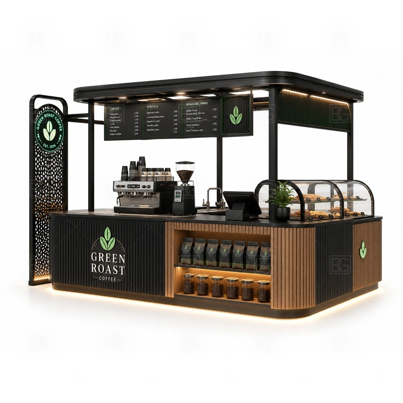 Coffee Stand for Sale with Service Counter branding detail for logo panels, menu boards, front graphics, side signs, and coffee brand colors coordinated for coffee stand for sale with service counter