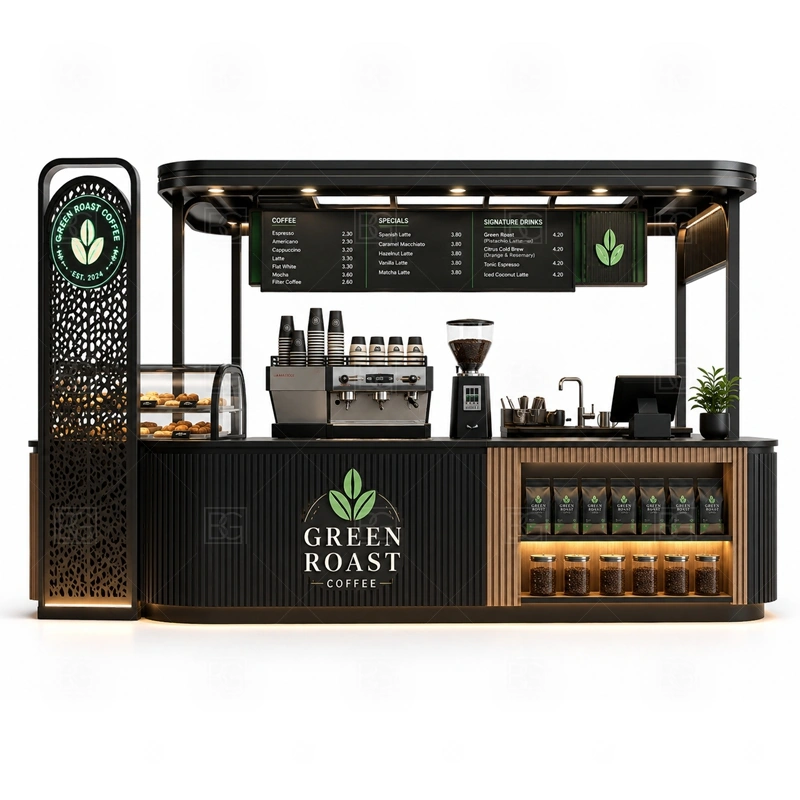 Coffee Stand for Sale with Service Counter storage detail for cup storage, bean storage, under-counter fridge space, packaging drawers, cleaning supply cabinets, and cable routes planned for coffee stand for sale with service counter