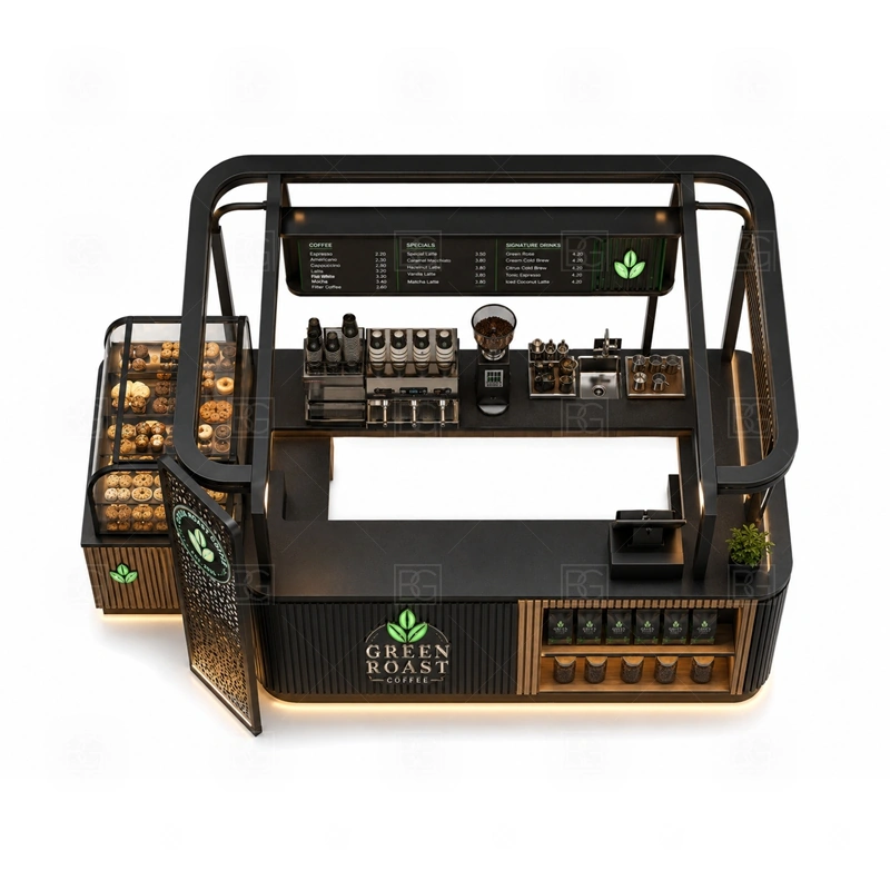 Coffee Stand for Sale with Service Counter buyer planning detail for Coffee Stand for Sale with Service Counter target size, espresso machine dimensions, grinder position, sink requirement, fridge size, menu board size, power and plumbing, destination country
