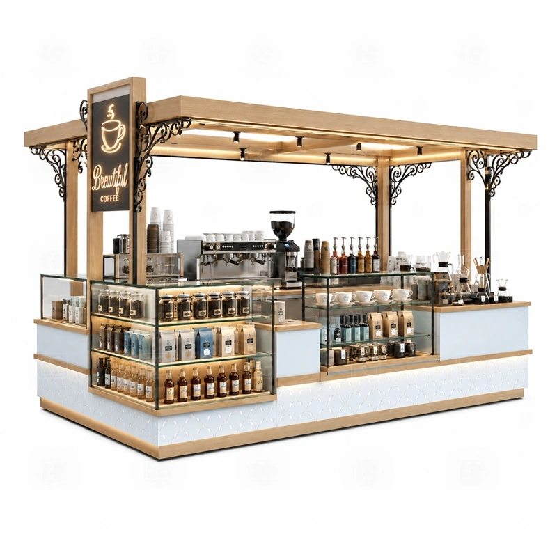 Commercial Coffee Stand for Sale display detail for espresso counter, menu board, pickup area, cup storage, dessert display, and customer-facing brand panels planned for commercial coffee stand for sale