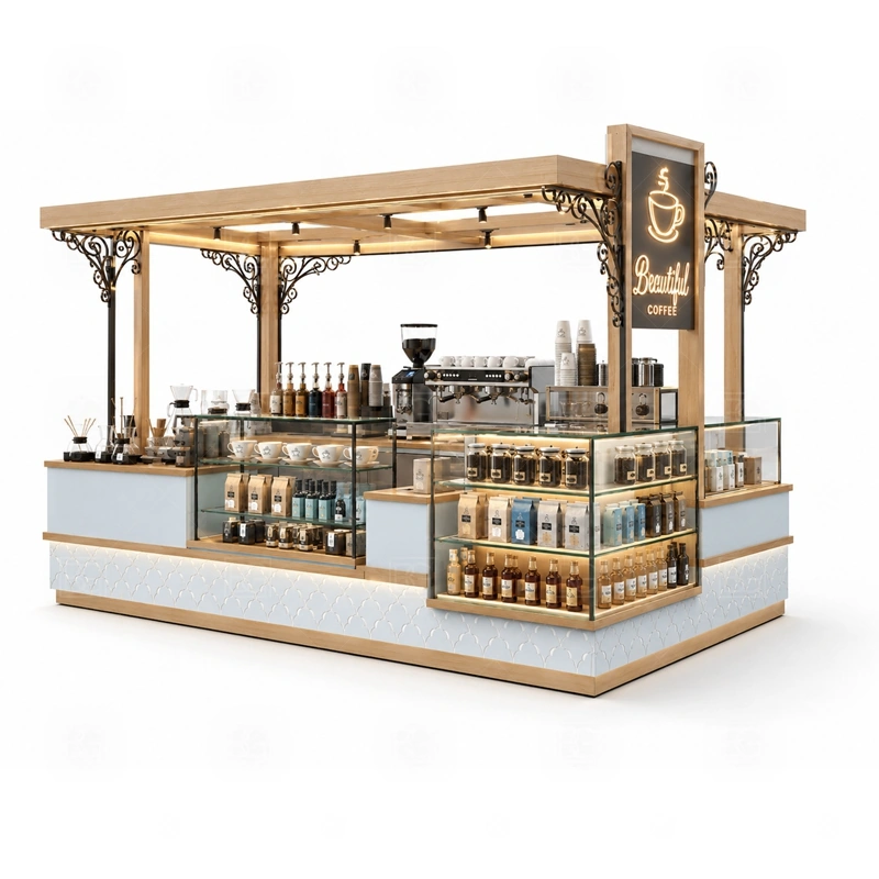 Commercial Coffee Stand for Sale branding detail for logo panels, menu boards, front graphics, side signs, and coffee brand colors coordinated for commercial coffee stand for sale