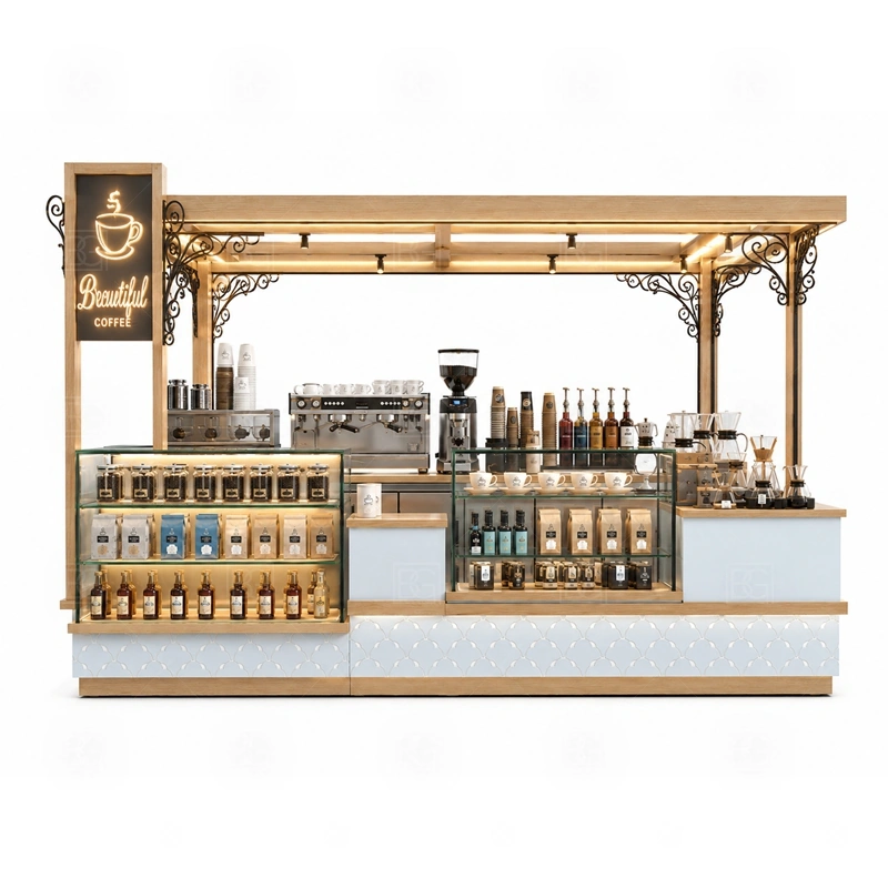 Commercial Coffee Stand for Sale storage detail for cup storage, bean storage, under-counter fridge space, packaging drawers, cleaning supply cabinets, and cable routes planned for commercial coffee stand for sale