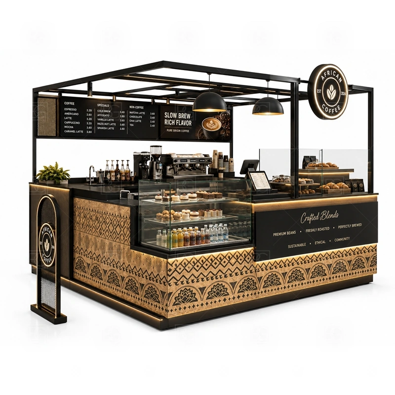 Custom Beverage Kiosk for Coffee Shop with coffee service layout, equipment planning, display counter design, and brand presentation shown in the custom beverage kiosk for coffee shop product photos for coffee and beverage retail