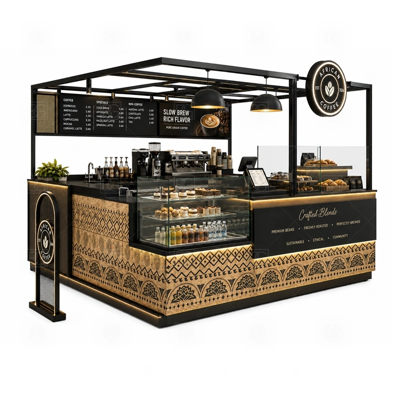 Custom Beverage Kiosk for Coffee Shop layout showing equipment-first coffee counter planning shown in the custom beverage kiosk for coffee shop product photos, with brand-led retail locations where signage and product visibility need to work together