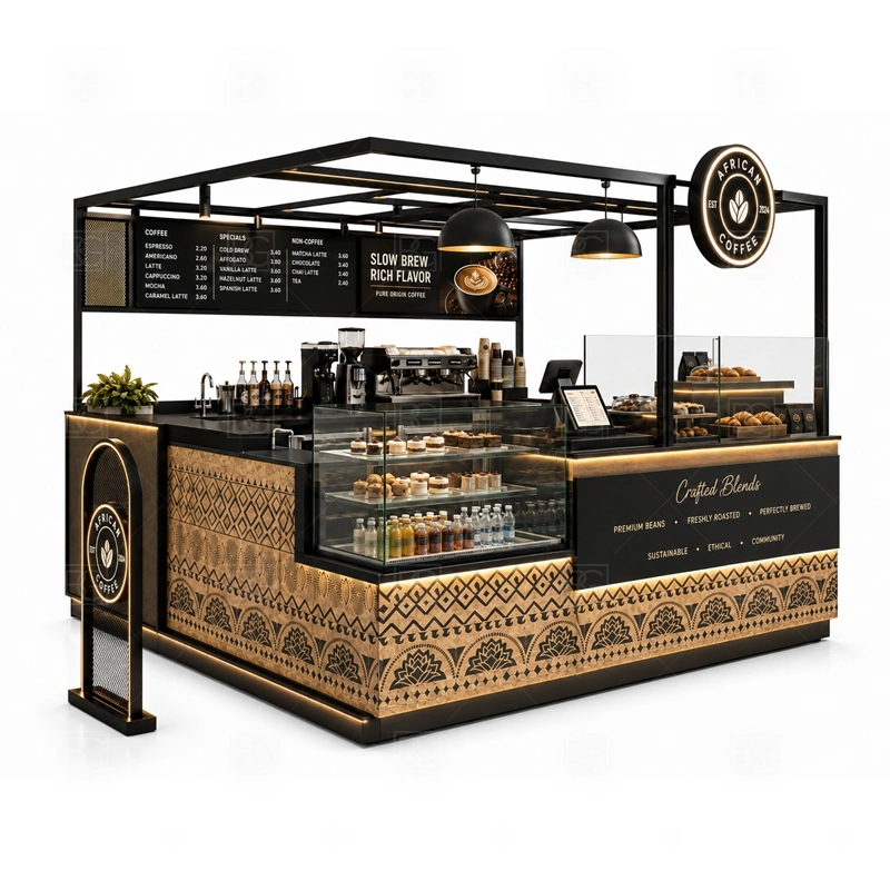 Custom Beverage Kiosk for Coffee Shop display detail for espresso counter, menu board, pickup area, cup storage, dessert display, and customer-facing brand panels planned for custom beverage kiosk for coffee shop