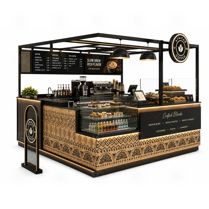 Custom Beverage Kiosk for Coffee Shop branding detail for logo panels, menu boards, front graphics, side signs, and coffee brand colors coordinated for custom beverage kiosk for coffee shop