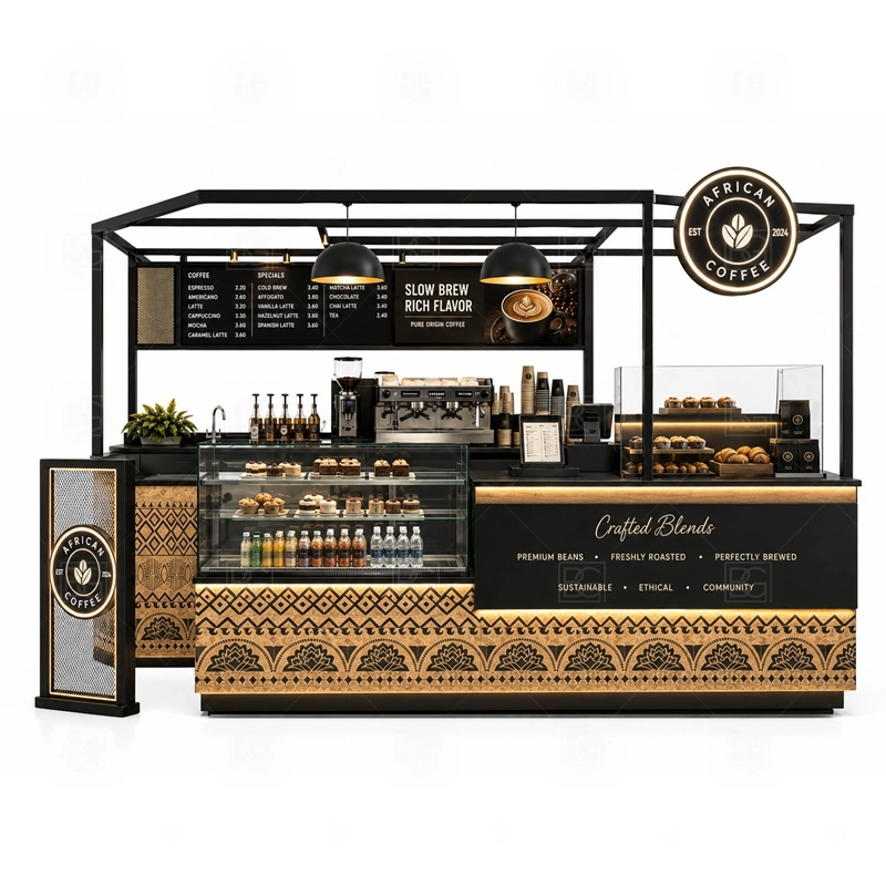 Custom Beverage Kiosk for Coffee Shop storage detail for cup storage, bean storage, under-counter fridge space, packaging drawers, cleaning supply cabinets, and cable routes planned for custom beverage kiosk for coffee shop