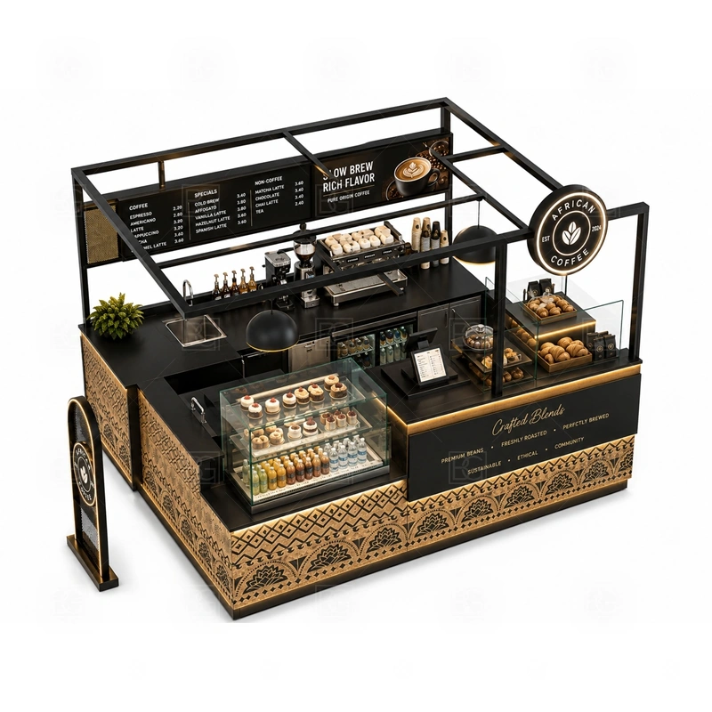 Custom Beverage Kiosk for Coffee Shop buyer planning detail for Custom Beverage Kiosk for Coffee Shop target size, espresso machine dimensions, grinder position, sink requirement, fridge size, menu board size, power and plumbing, destination country