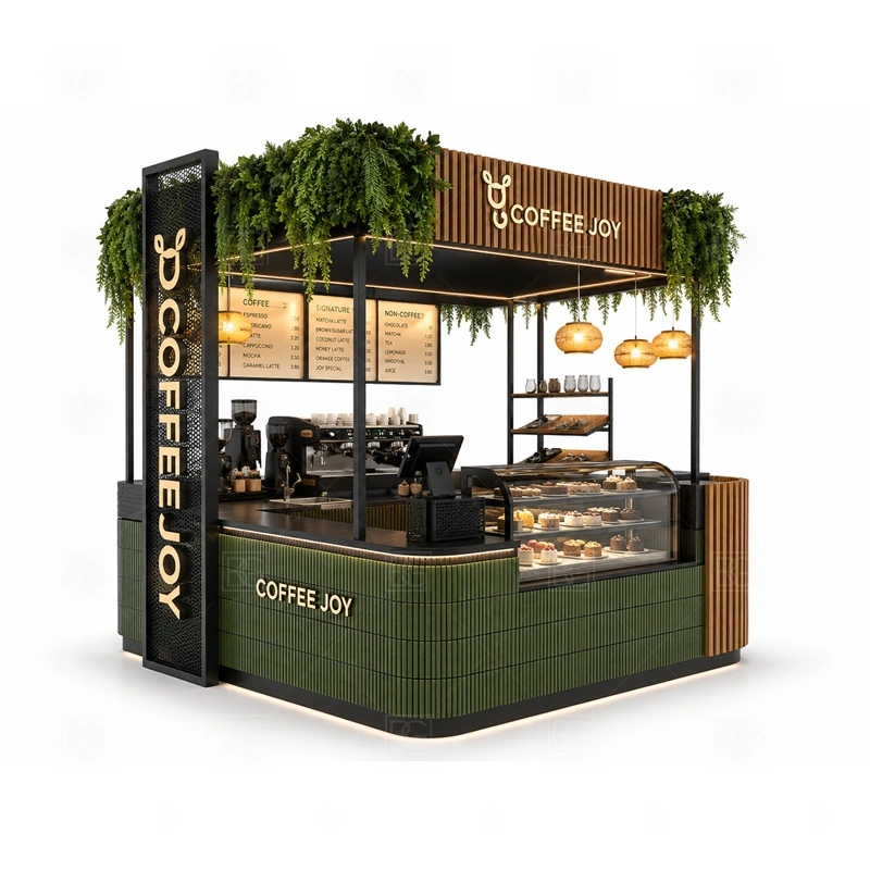 Custom Cafe Booth and Coffee Stand with small business coffee service, booth layout, storage, and customer-facing product display shown in the custom cafe booth and coffee stand product photos for coffee and beverage retail