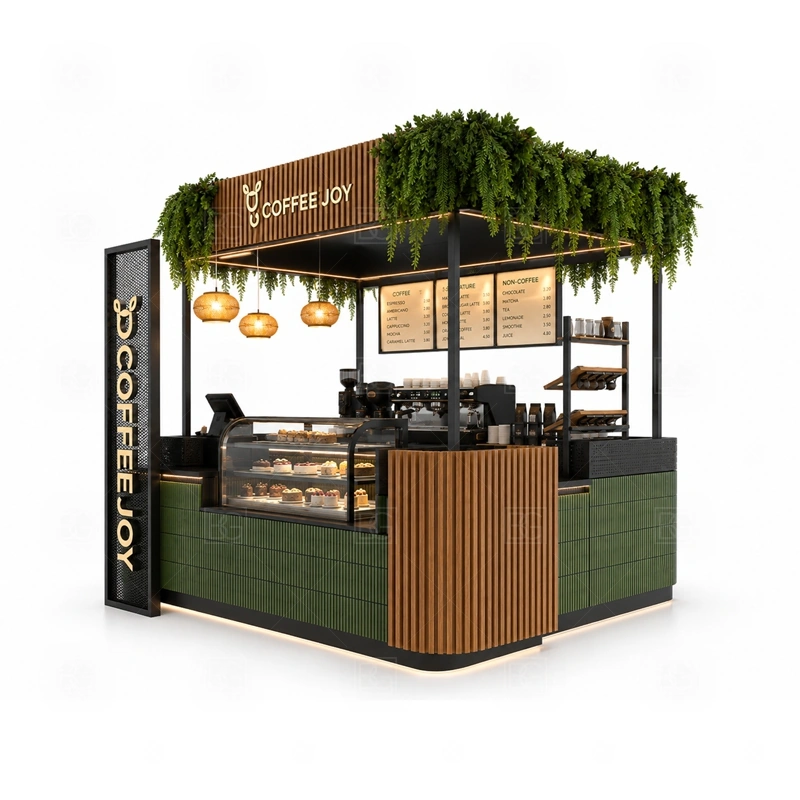 Custom Cafe Booth and Coffee Stand branding detail for logo panels, menu boards, front graphics, side signs, and coffee brand colors coordinated for custom cafe booth and coffee stand