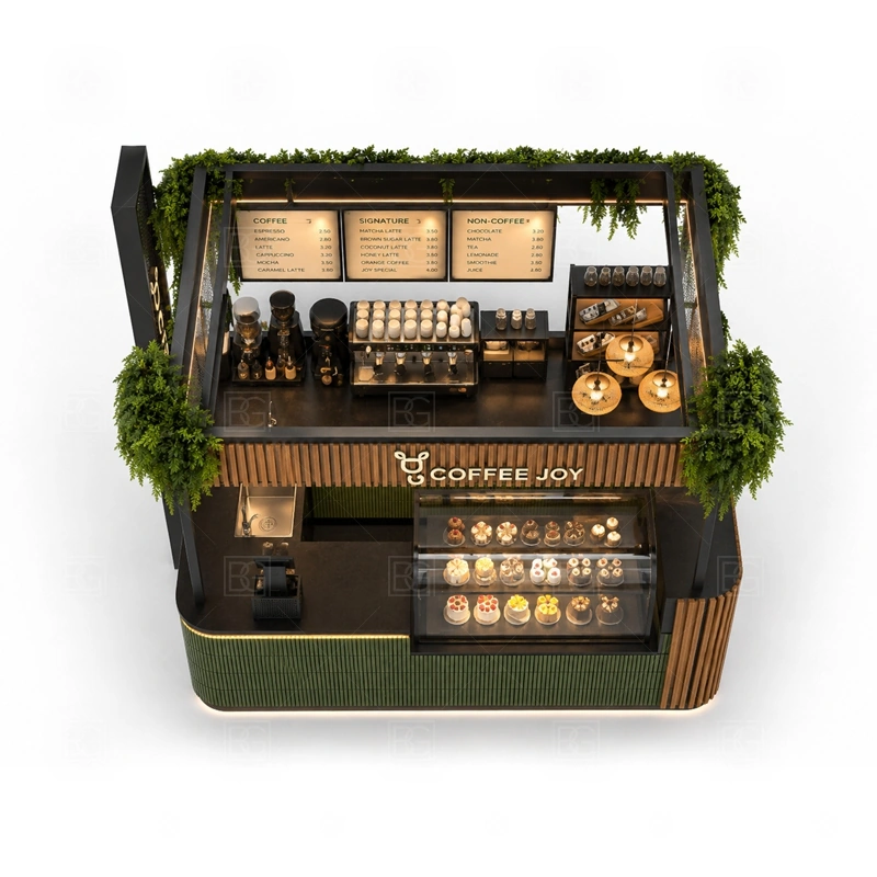 Custom Cafe Booth and Coffee Stand buyer planning detail for Custom Cafe Booth and Coffee Stand target size, espresso machine dimensions, grinder position, sink requirement, fridge size, menu board size, power and plumbing, destination country