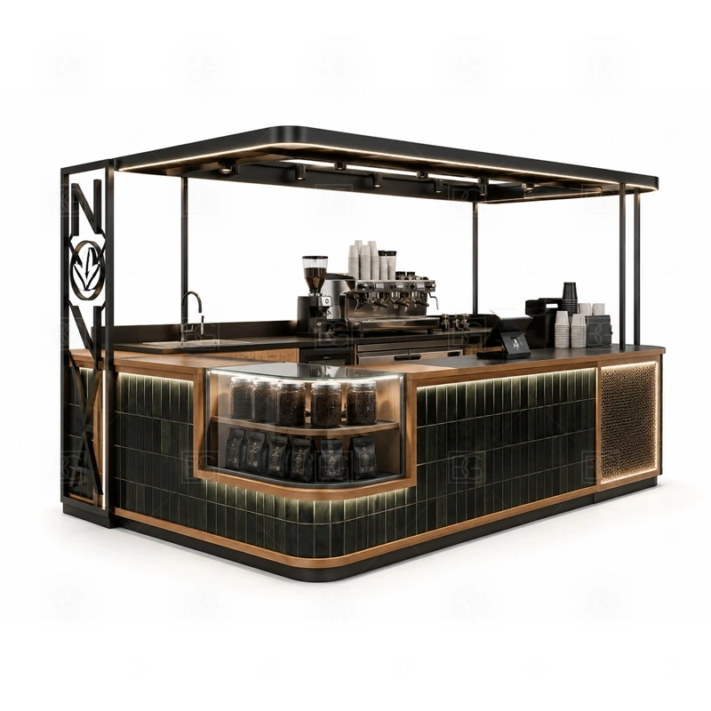 Custom Coffee Bar Counter for Mall with front coffee bar service, cashier counter, menu board, and customer ordering flow shown in the custom coffee bar counter for mall product photos for coffee and beverage retail