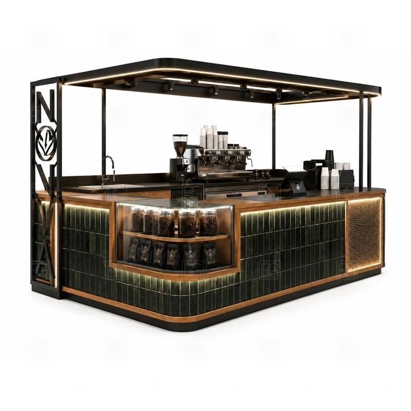 Custom Coffee Bar Counter for Mall layout showing equipment-first coffee counter planning shown in the custom coffee bar counter for mall product photos, with front-facing mall traffic with a clear customer approach and staff side behind the counter