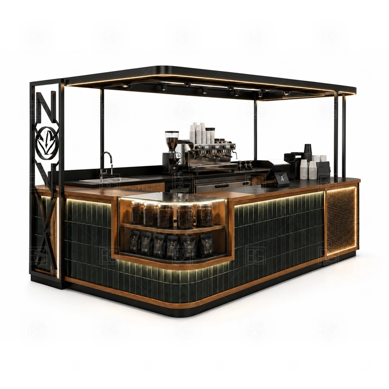 Custom Coffee Bar Counter for Mall display detail for espresso counter, menu board, pickup area, cup storage, dessert display, and customer-facing brand panels planned for custom coffee bar counter for mall