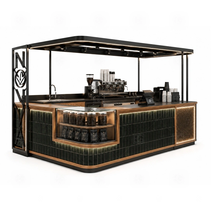 Custom Coffee Bar Counter for Mall branding detail for logo panels, menu boards, front graphics, side signs, and coffee brand colors coordinated for custom coffee bar counter for mall