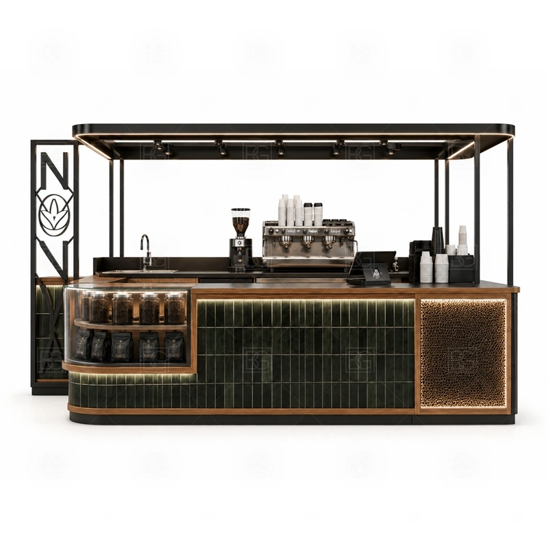 Custom Coffee Bar Counter for Mall storage detail for cup storage, bean storage, under-counter fridge space, packaging drawers, cleaning supply cabinets, and cable routes planned for custom coffee bar counter for mall
