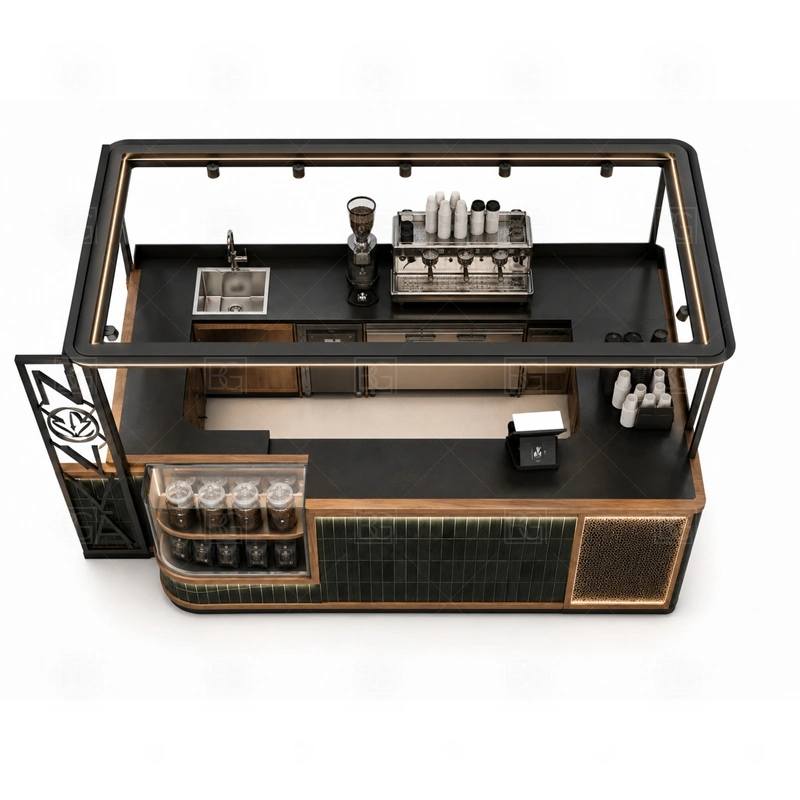 Custom Coffee Bar Counter for Mall buyer planning detail for Custom Coffee Bar Counter for Mall target size, espresso machine dimensions, grinder position, sink requirement, fridge size, menu board size, power and plumbing, destination country