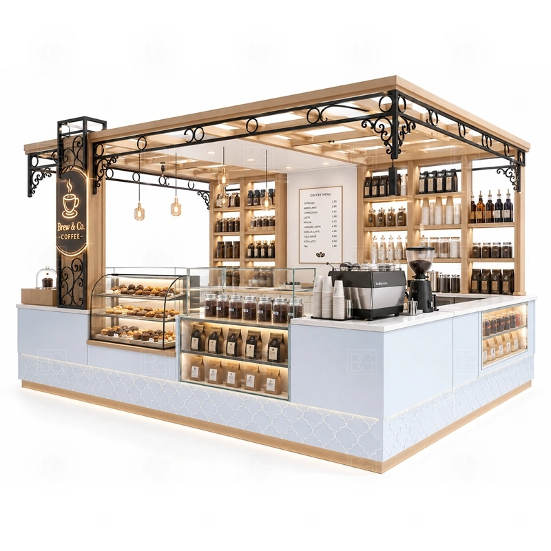 Custom Coffee Booth for Retail Store with small business coffee service, booth layout, storage, and customer-facing product display shown in the custom coffee booth for retail store product photos for coffee and beverage retail