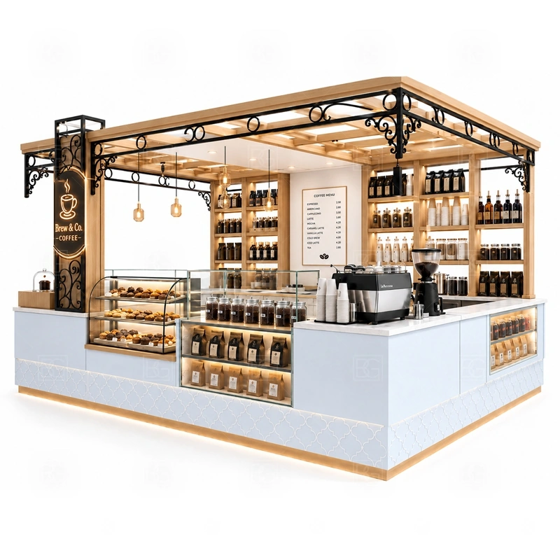 Custom Coffee Booth for Retail Store layout showing equipment-first coffee counter planning shown in the custom coffee booth for retail store product photos, with brand-led retail locations where signage and product visibility need to work together