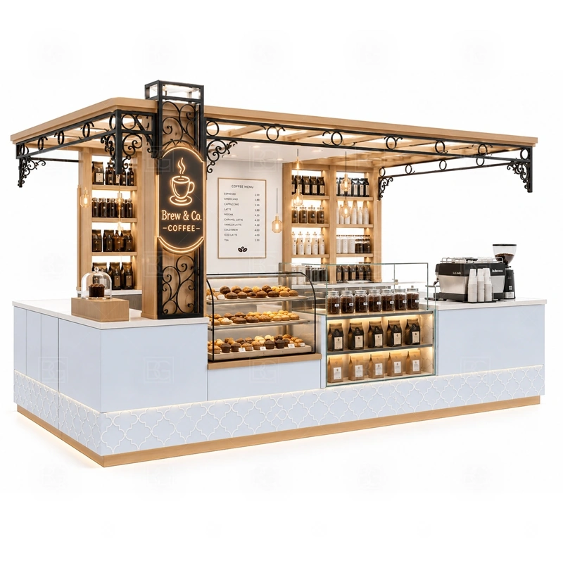 Custom Coffee Booth for Retail Store display detail for espresso counter, menu board, pickup area, cup storage, dessert display, and customer-facing brand panels planned for custom coffee booth for retail store