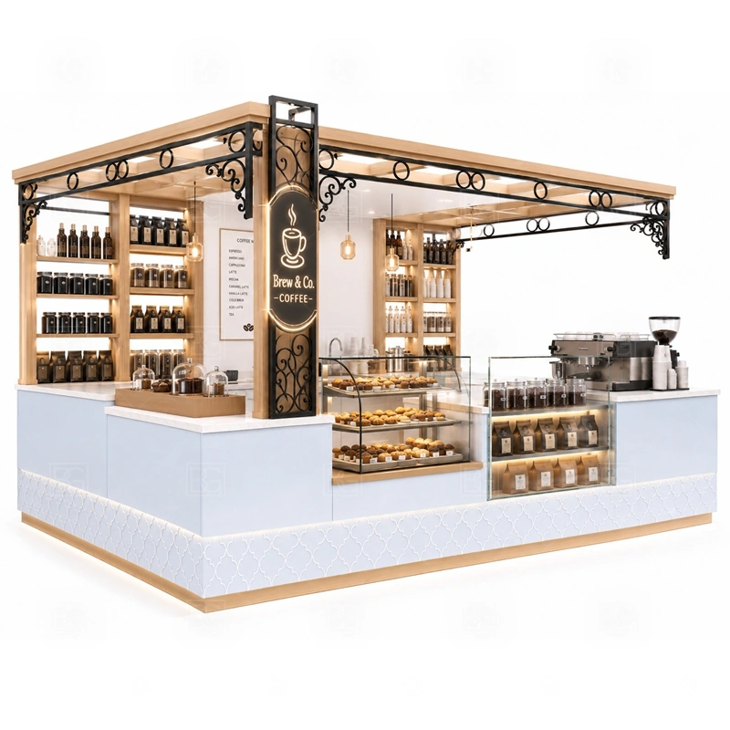 Custom Coffee Booth for Retail Store branding detail for logo panels, menu boards, front graphics, side signs, and coffee brand colors coordinated for custom coffee booth for retail store