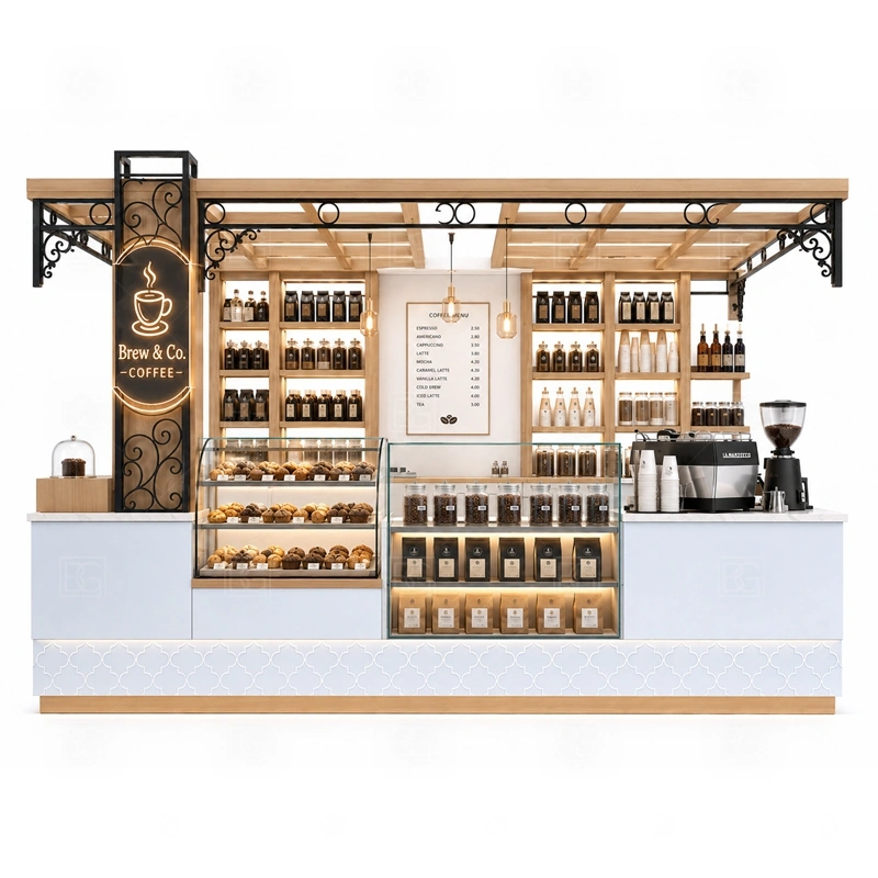 Custom Coffee Booth for Retail Store storage detail for cup storage, bean storage, under-counter fridge space, packaging drawers, cleaning supply cabinets, and cable routes planned for custom coffee booth for retail store