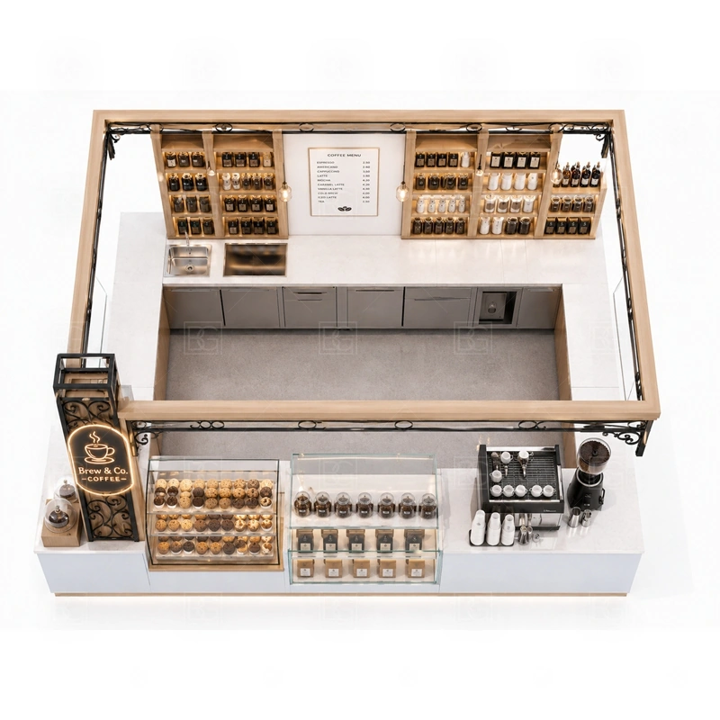 Custom Coffee Booth for Retail Store buyer planning detail for Custom Coffee Booth for Retail Store target size, espresso machine dimensions, grinder position, sink requirement, fridge size, menu board size, power and plumbing, destination country