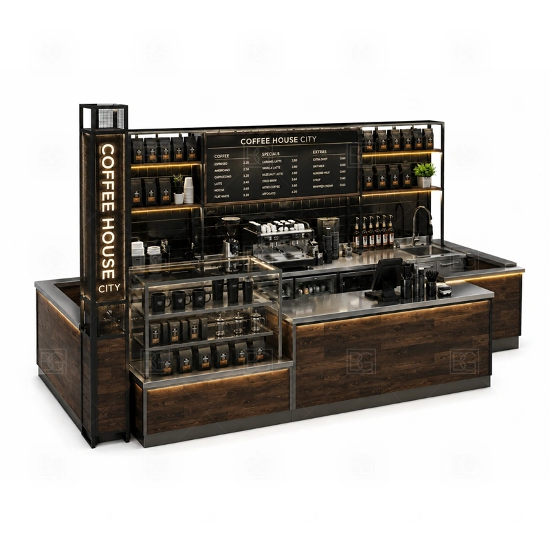 Custom Coffee Kiosk for Sale with coffee service layout, equipment planning, display counter design, and brand presentation shown in the custom coffee kiosk for sale product photos for coffee and beverage retail