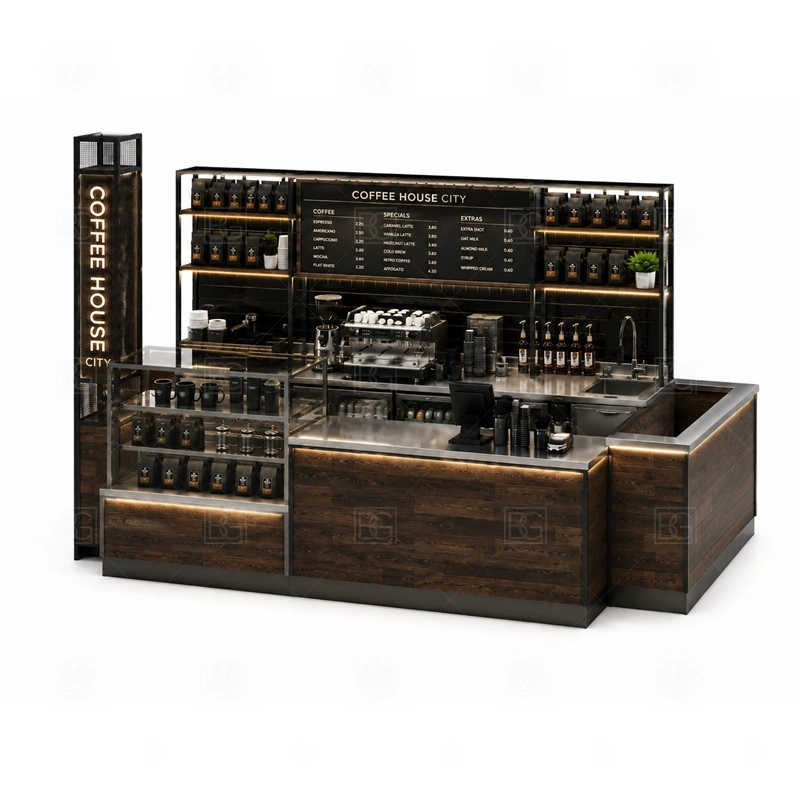 Custom Coffee Kiosk for Sale layout showing equipment-first coffee counter planning shown in the custom coffee kiosk for sale product photos, with front-facing mall traffic with a clear customer approach and staff side behind the counter