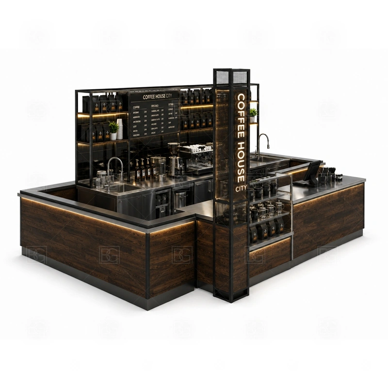 Custom Coffee Kiosk for Sale display detail for espresso counter, menu board, pickup area, cup storage, dessert display, and customer-facing brand panels planned for custom coffee kiosk for sale