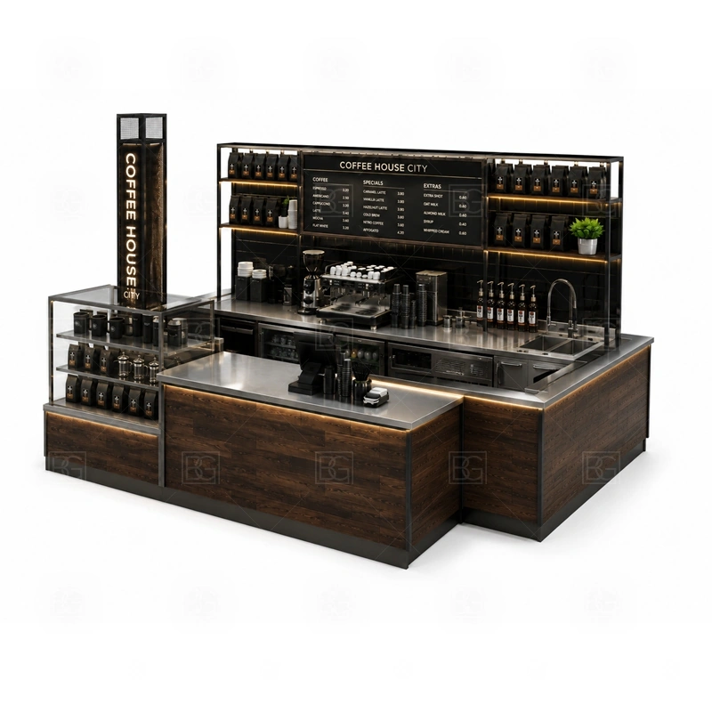 Custom Coffee Kiosk for Sale branding detail for logo panels, menu boards, front graphics, side signs, and coffee brand colors coordinated for custom coffee kiosk for sale