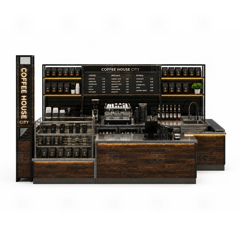 Custom Coffee Kiosk for Sale storage detail for cup storage, bean storage, under-counter fridge space, packaging drawers, cleaning supply cabinets, and cable routes planned for custom coffee kiosk for sale